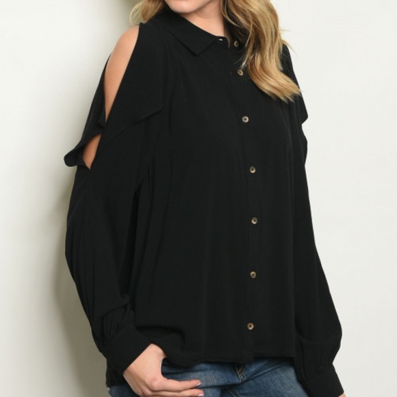 MUSTARD COLD SHOULDER BUTTON DOWN TOP - Picture 3 of 4